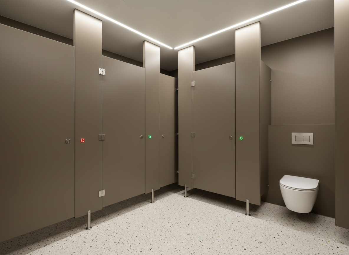 A high-end commercial washroom stall area with floor-to-ceiling cubicles in warm matte graphite laminate, each door featuring a small, discreet occupancy indicator light and soft-close hardware. Between the stalls, a continuous linear recessed light in the ceiling bathes the scene in neutral white illumination, highlighting the precision alignment of panels and gap-free privacy design. The floor is a seamless, light terrazzo with subtle flecks, gently reflecting the structures above. At the end of the row, a touchless, wall-hung dual-flush WC in glossy white ceramic with a slim, brushed metal actuator plate hints at water-saving technology. Shot from a slightly elevated angle, the photographic composition emphasizes order, durability, and premium privacy for modern commercial restrooms.
