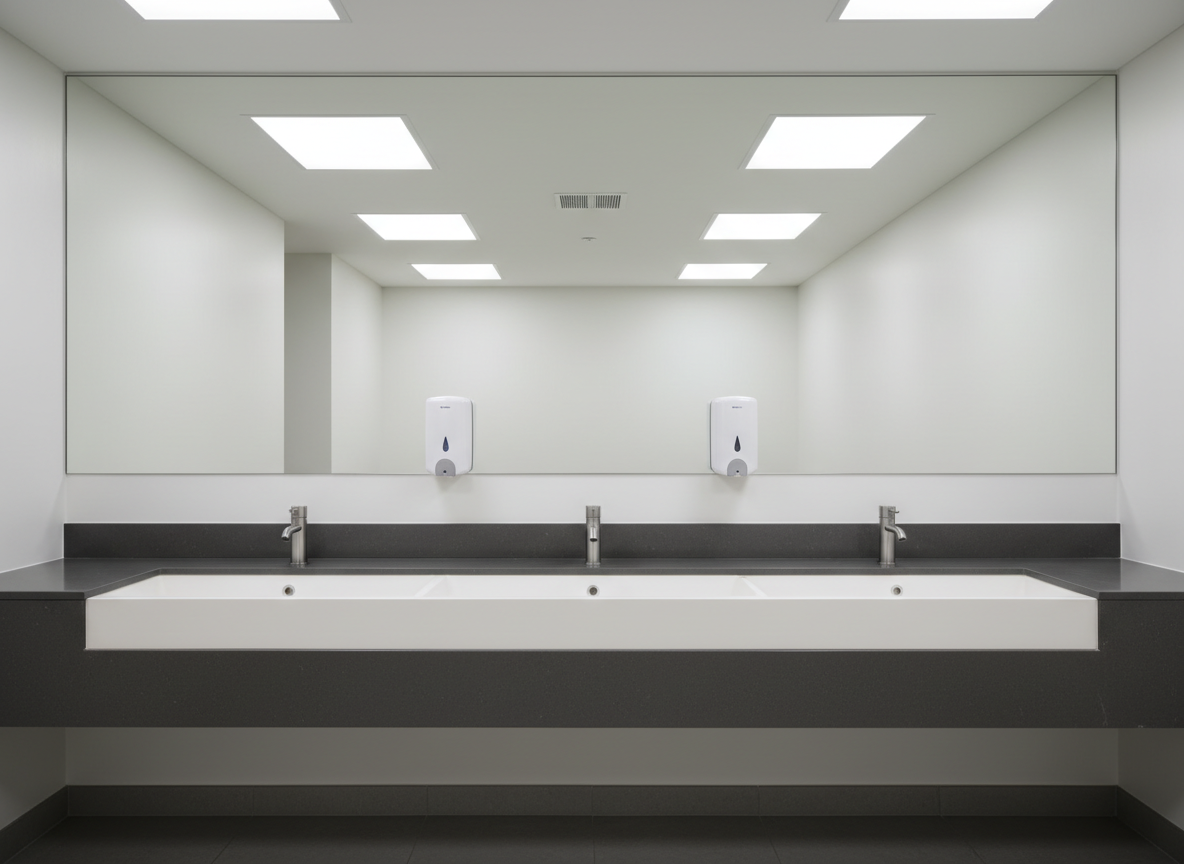 A sleek, touchless commercial restroom sink zone featuring a wide, matte white solid-surface trough basin with integrated backsplash and three slim, brushed stainless steel sensor faucets evenly spaced along the ledge. The sink is set into a floating, dark charcoal quartz vanity with crisp edges, backed by a full-height, frameless mirror that reflects a row of minimalist, wall-mounted soap dispensers. Cool, diffused ceiling LED panels cast even, shadow-free illumination, creating subtle reflections on the metal surfaces and a clinical sense of cleanliness. Captured at eye level with sharp focus throughout, the composition emphasizes symmetry, modern lines, and hygienic simplicity in a photographic realism style suitable for a premium commercial building.