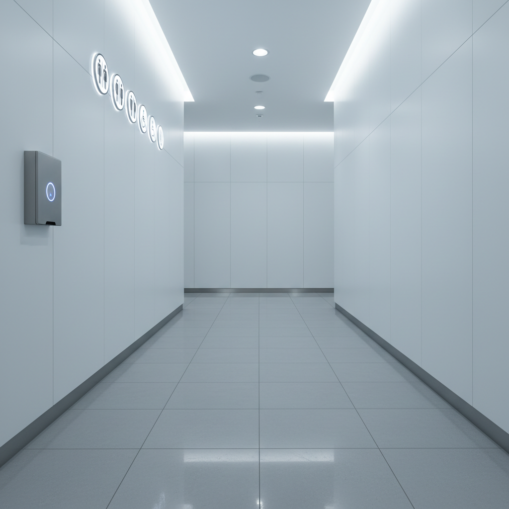 A contemporary commercial restroom entrance corridor showcasing touchless hygiene technology, with glossy large-format light grey porcelain tiles on the floor and seamless white wall panels framing a row of backlit pictogram signage. On one wall, a minimalist stainless steel automatic sanitizer dispenser is recessed into a flush mount, its sensor window glowing softly. Indirect LED strip lighting runs along the ceiling edge, washing the surfaces in a cool, even light and creating gentle linear shadows. The atmosphere feels ultra-clean, professional, and high-tech. Photographed from a slightly low, wide-angle perspective down the corridor, the image conveys depth, order, and a forward-thinking approach to hygiene in a modern office or airport setting.